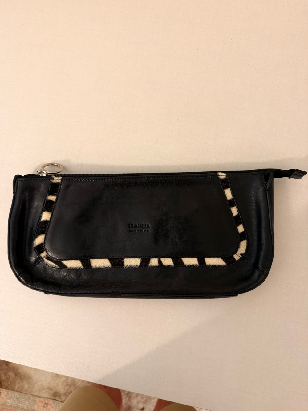 Claudia Firenze Black Leather Clutch with Zebra Pony Trim